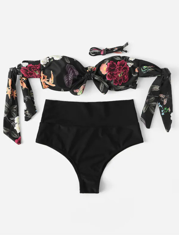 Leaf Print Bikini Set with Tie Shoulders - Y2K Fashion Swimwear for Women