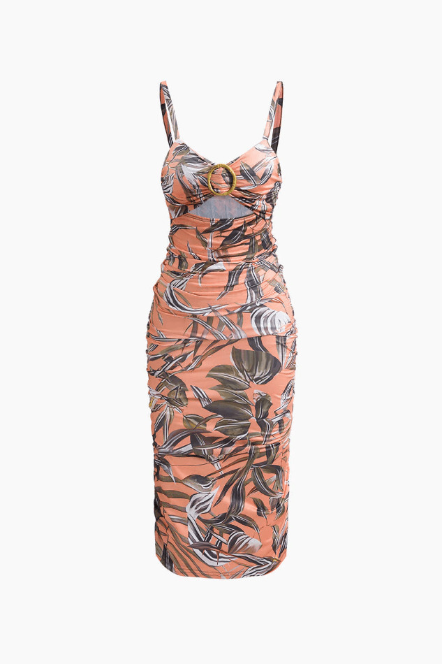 Leaves Print Cut Out Midi Dress - Y2K Fashion with Coquette Aesthetic and Grunge Style