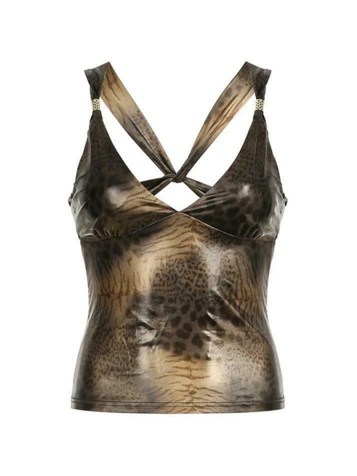 Leopard Print Backless Tank Top - Y2K Aesthetic Sleeveless Shirt - Coquette Style Fashion Piece