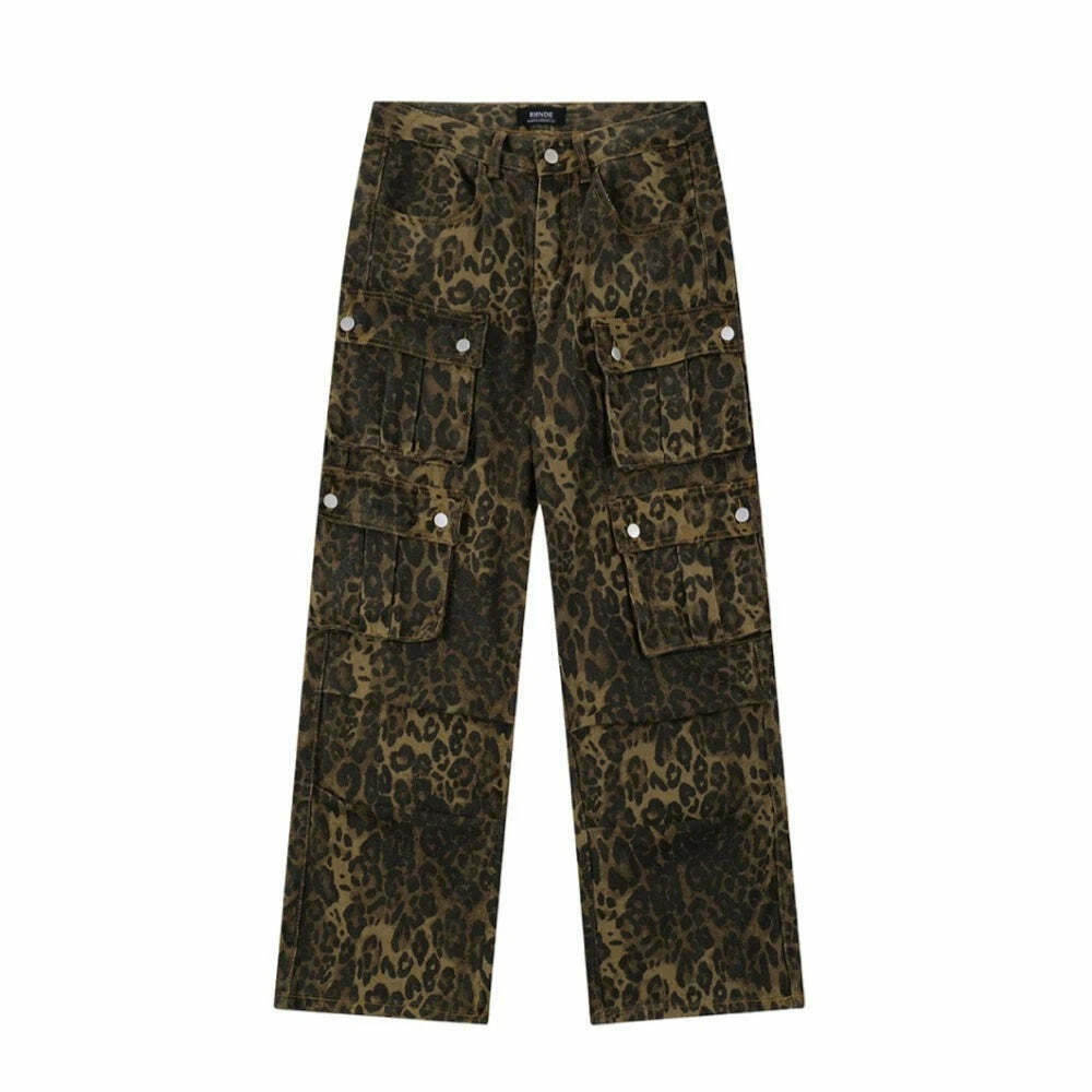 Leopard Print Cargo Jeans - Y2K Fashion Statement with Coquette Aesthetic and Grunge Style