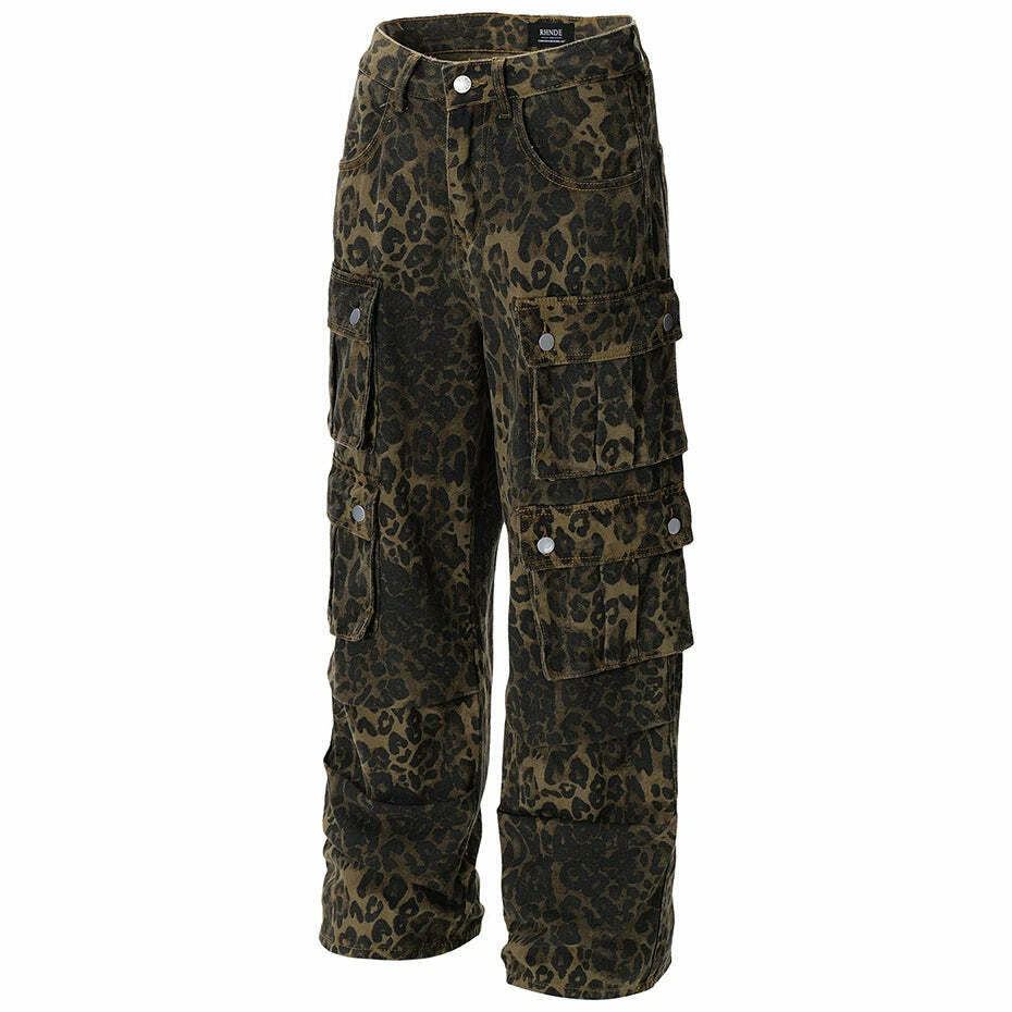Leopard Print Cargo Jeans - Y2K Fashion Statement with Coquette Aesthetic and Grunge Style