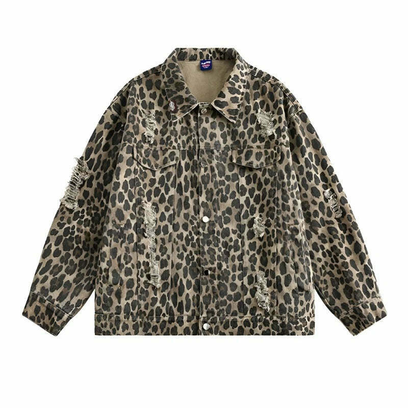 Leopard Print Distressed Western Jacket for Y2K Fashion Enthusiasts