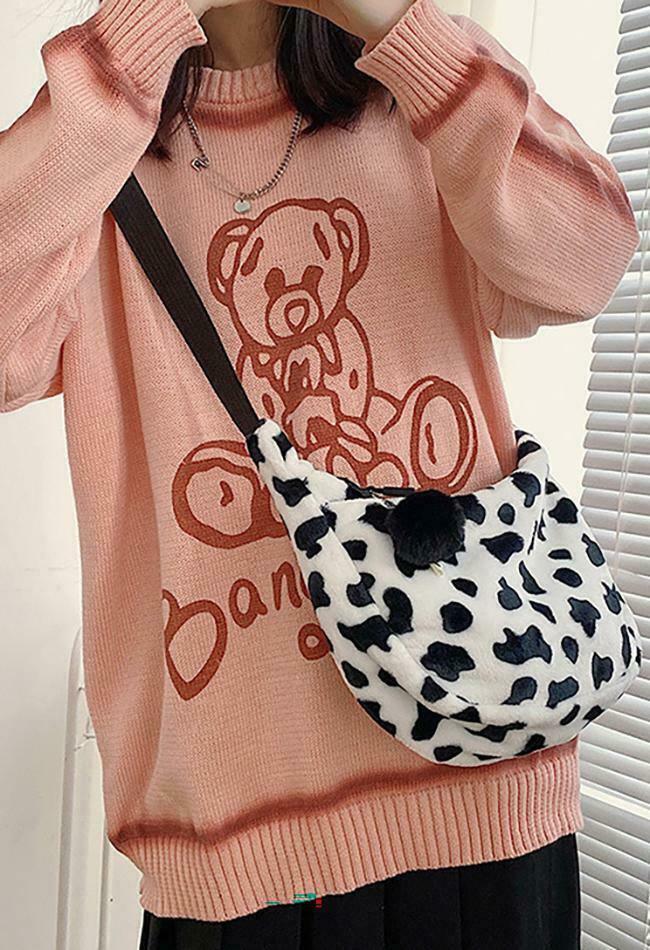 Leopard Print Fuzzy Shoulder Bag for Y2K Fashion Enthusiasts