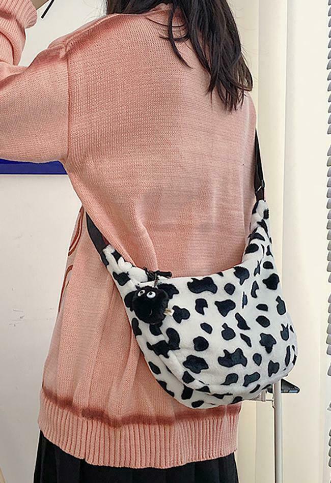 Leopard Print Fuzzy Shoulder Bag for Y2K Fashion Enthusiasts