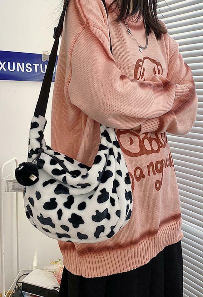 Leopard Print Fuzzy Shoulder Bag for Y2K Fashion Enthusiasts