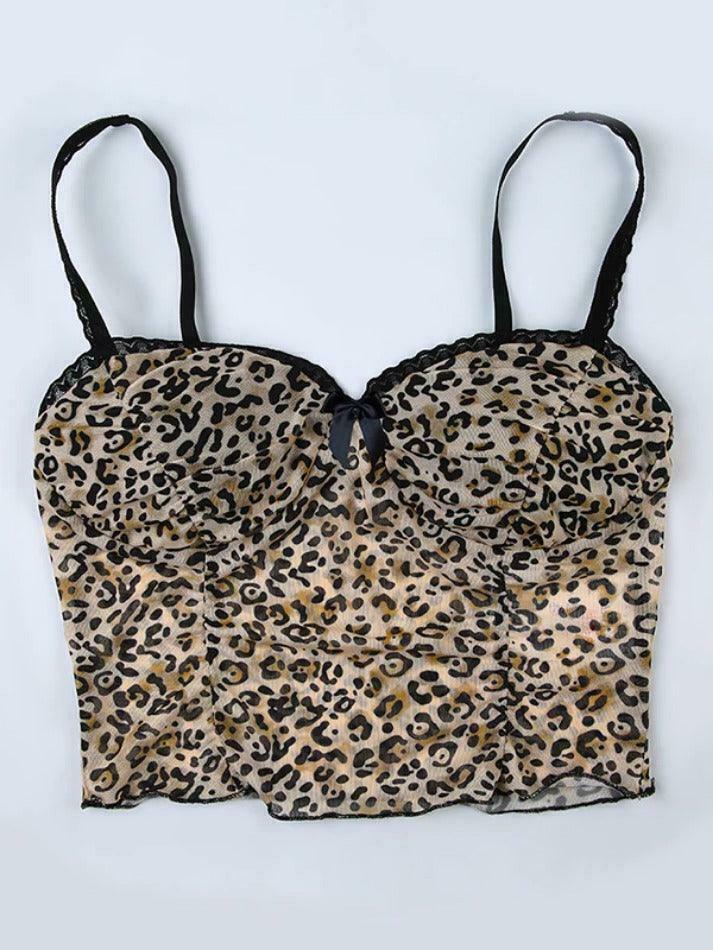 Leopard Print Lace Cami Top with Bow Detail - Y2K Fashion Aesthetic