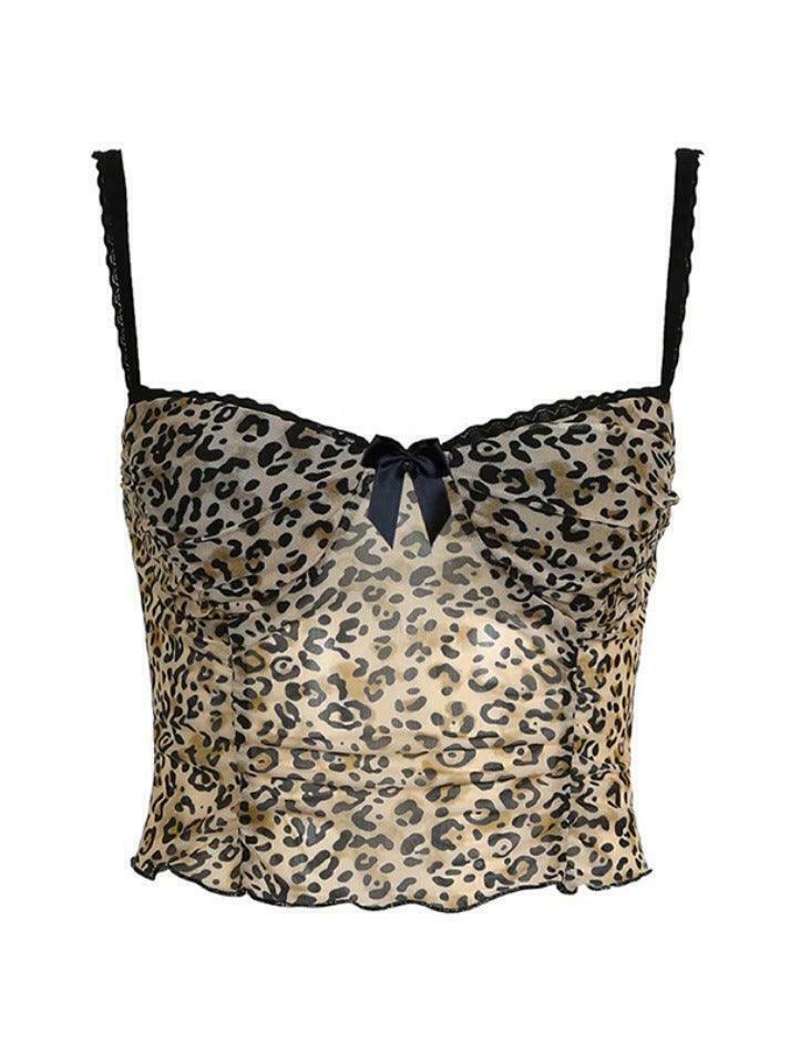 Leopard Print Lace Cami Top with Bow Detail - Y2K Fashion Aesthetic