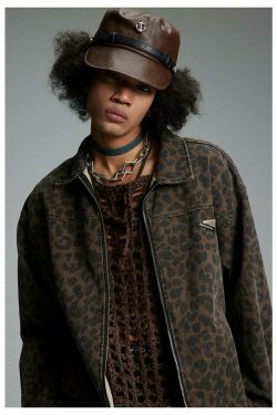 Leopard Print Trucker Jacket with Zipper - Y2K Fashion Statement for Women