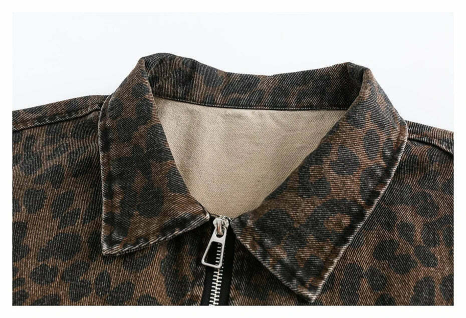 Leopard Print Trucker Jacket with Zipper - Y2K Fashion Statement for Women