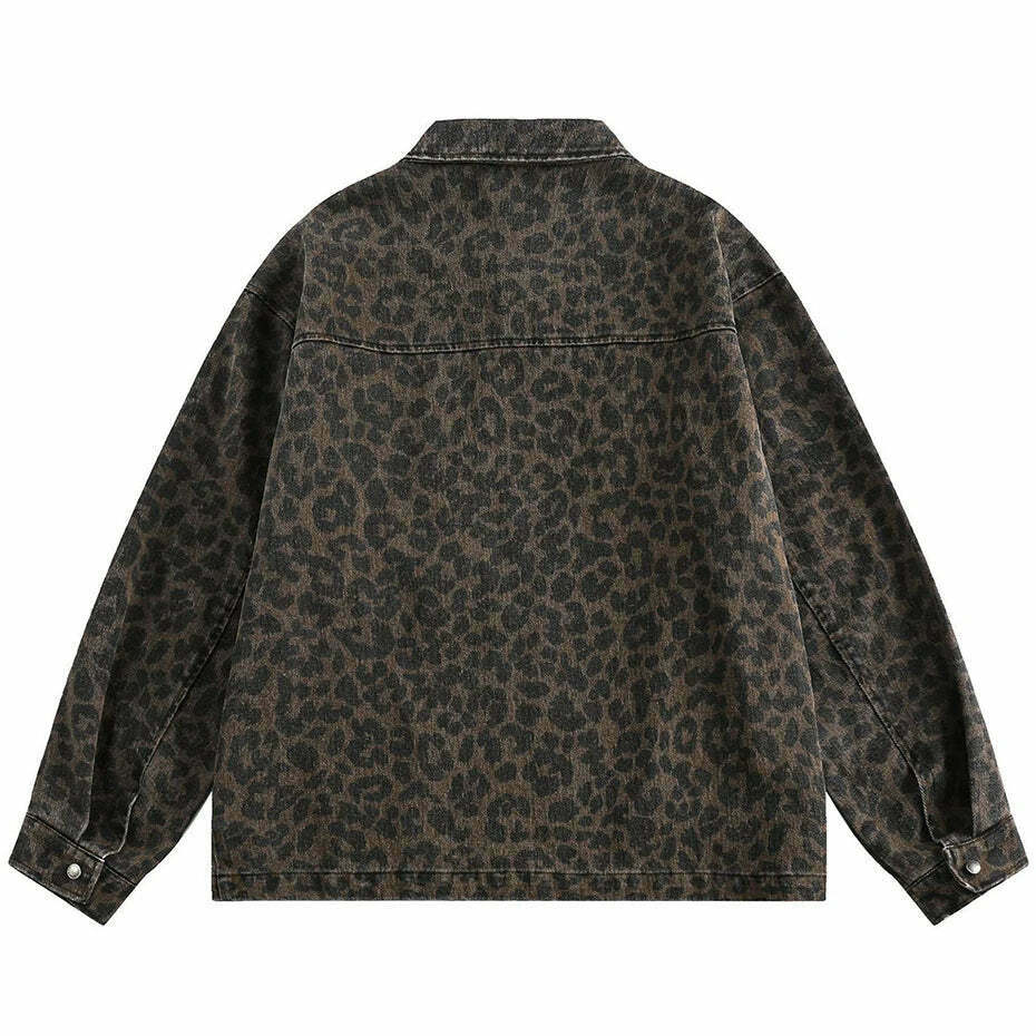Leopard Print Trucker Jacket with Zipper - Y2K Fashion Statement for Women