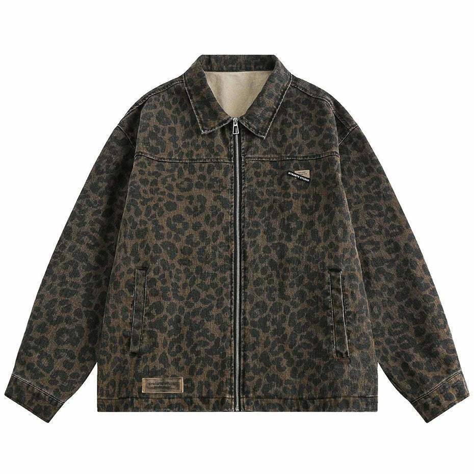 Leopard Print Trucker Jacket with Zipper - Y2K Fashion Statement for Women