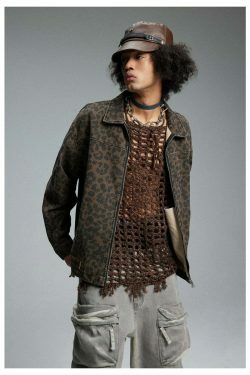 Leopard Print Trucker Jacket with Zipper - Y2K Fashion Statement for Women