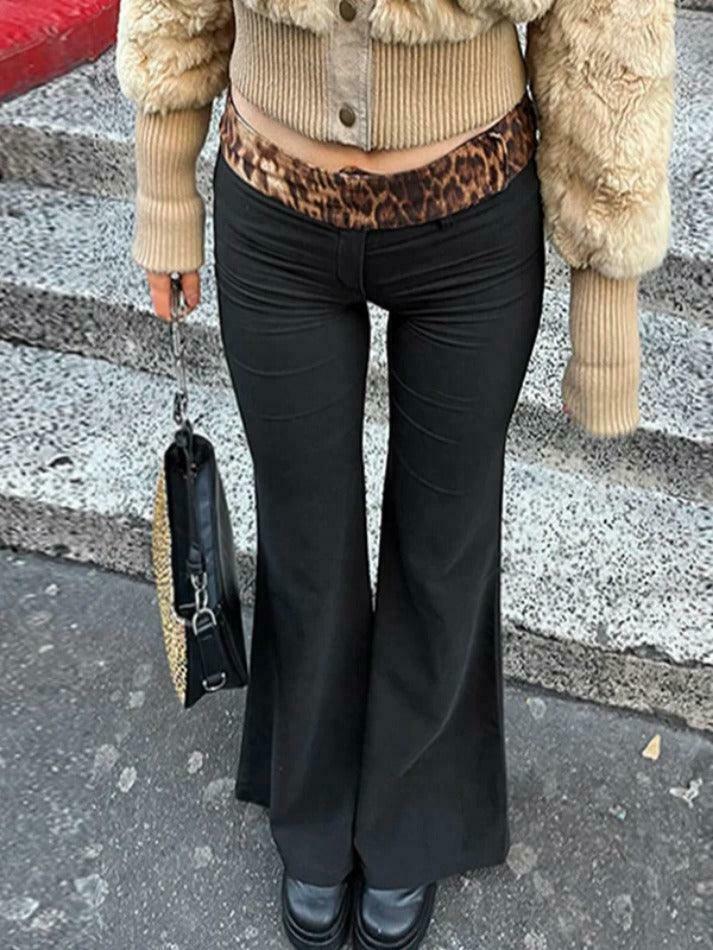 Leopard Splice Flare Leg Pants for Y2K Fashion Enthusiasts