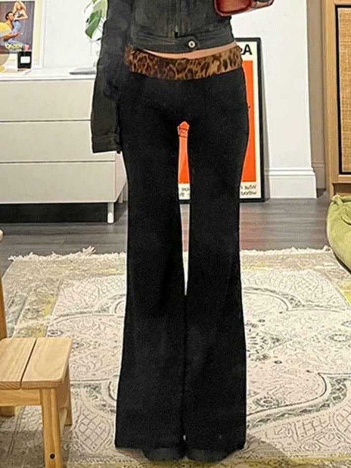 Leopard Splice Flare Leg Pants for Y2K Fashion Enthusiasts