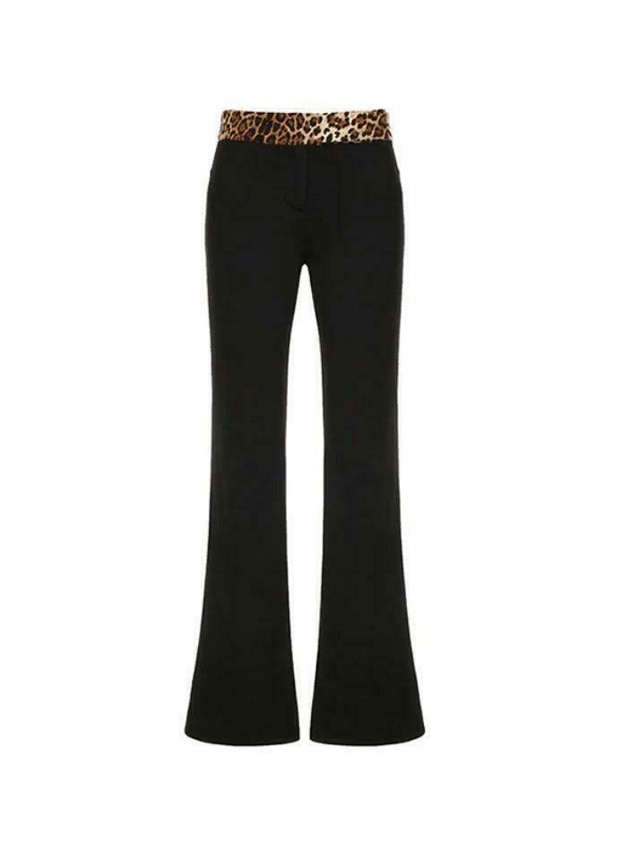 Leopard Splice Flare Leg Pants for Y2K Fashion Enthusiasts