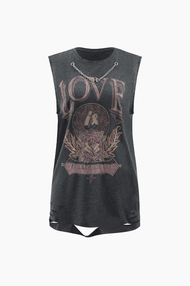 Love Flower Distressed Sleeveless Tee - Y2K Fashion Aesthetic Top for Women