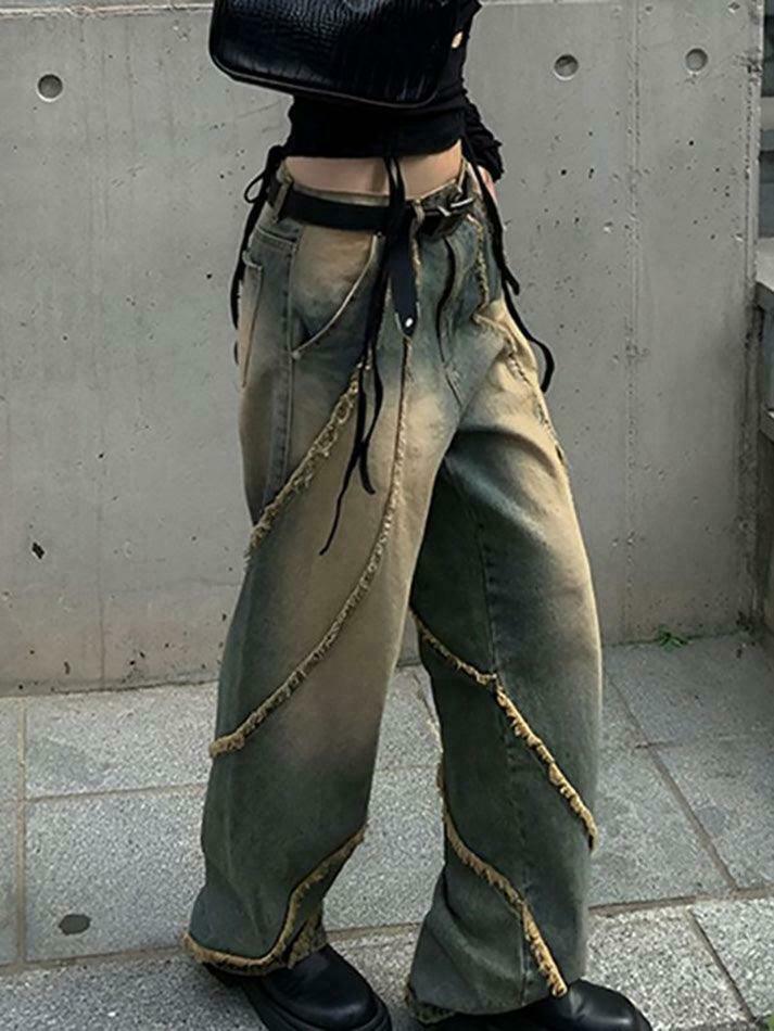 Low Rise Washed Furry-Trim Straight-Fit Jeans for Coquette Aesthetic Fashion
