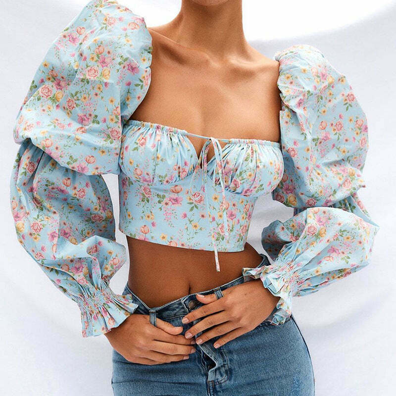 Lucia Puffed Sleeves Top - Y2K Coquette Grunge Aesthetic Cute Tops Pastel Goth Cargo Skirt