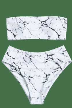 Marble Bandeau Bikini Set with High Waist - Y2K Fashion Swimwear for Women