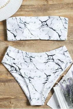 Marble Bandeau Bikini Set with High Waist - Y2K Fashion Swimwear for Women