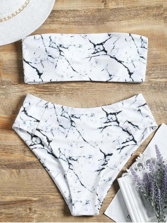 Marble Bandeau Bikini Set with High Waist - Y2K Fashion Swimwear for Women