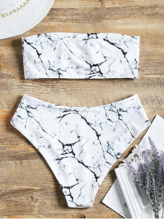 Marble Bandeau Bikini Set with High Waist - Y2K Fashion Swimwear for Women