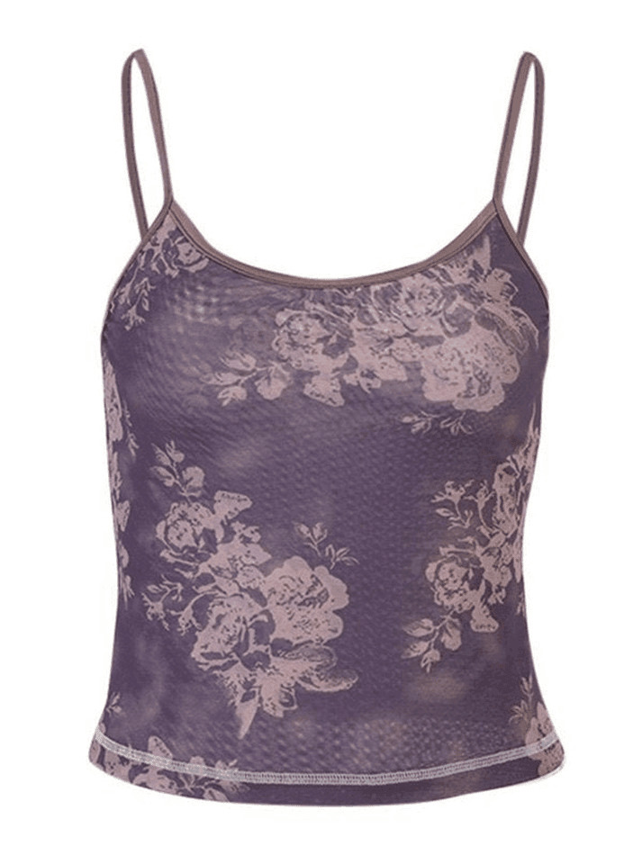 Mesh Floral Crop Cami Top - Y2K Fashion Aesthetic for Women - Coquette Style Grunge Outfits