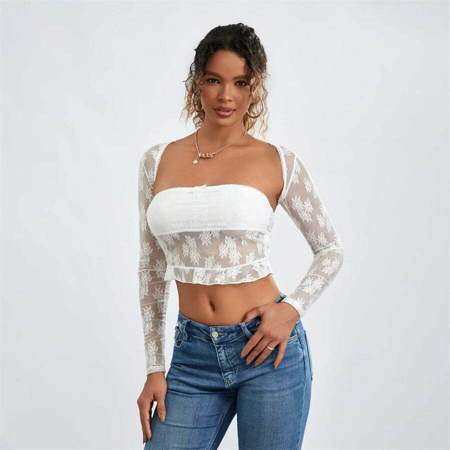 Meshed Petals Lace Top - Y2K Fashion Coquette Aesthetic Grunge Style Cute Tops Pastel Goth