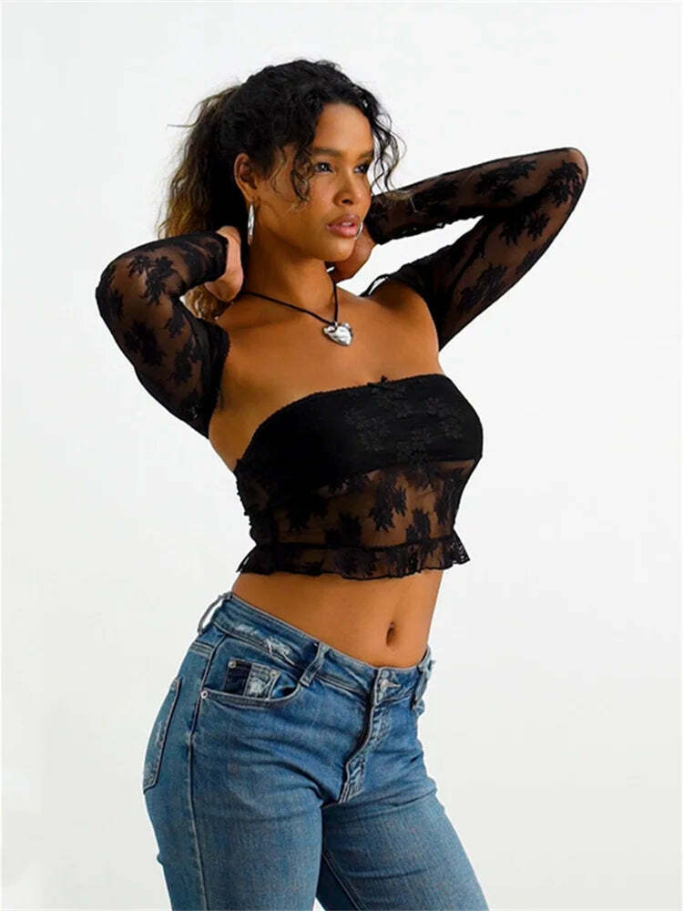 Meshed Petals Lace Top - Y2K Fashion Coquette Aesthetic Grunge Style Cute Tops Pastel Goth
