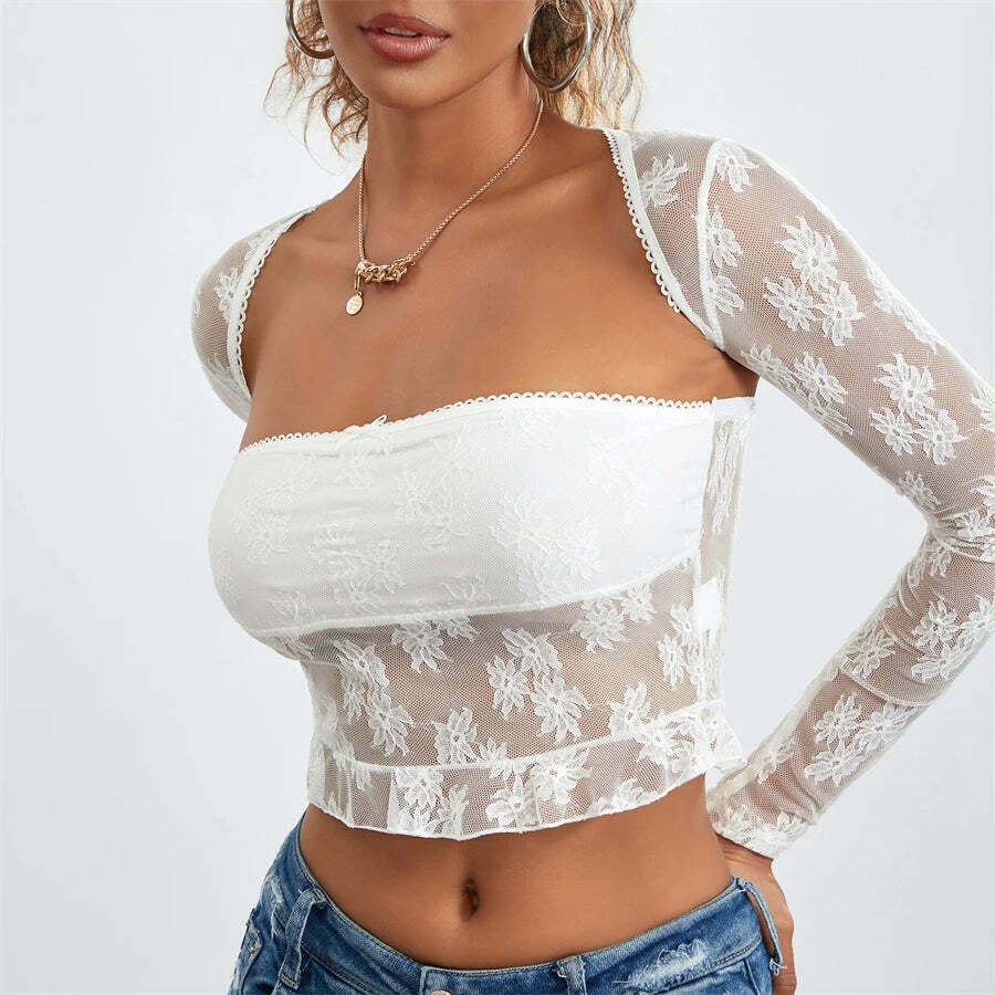 Meshed Petals Lace Top - Y2K Fashion Coquette Aesthetic Grunge Style Cute Tops Pastel Goth