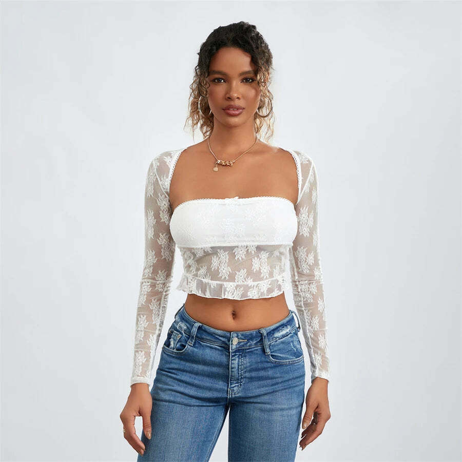 Meshed Petals Lace Top - Y2K Fashion Coquette Aesthetic Grunge Style Cute Tops Pastel Goth