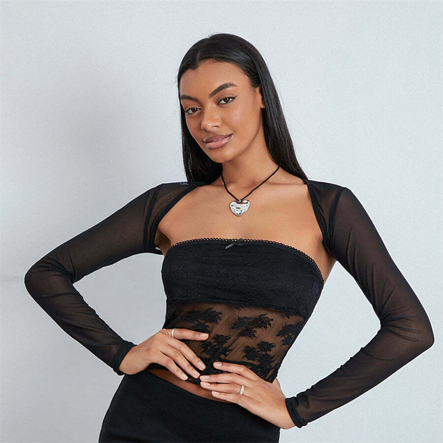Meshed Petals Lace Top - Y2K Fashion Coquette Aesthetic Grunge Style Cute Tops Pastel Goth