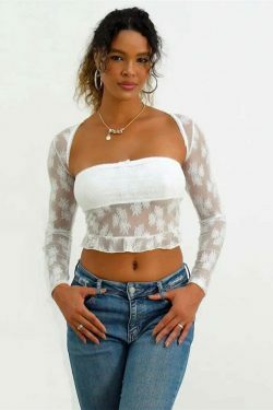 Meshed Petals Lace Top - Y2K Fashion Coquette Aesthetic Grunge Style Cute Tops Pastel Goth