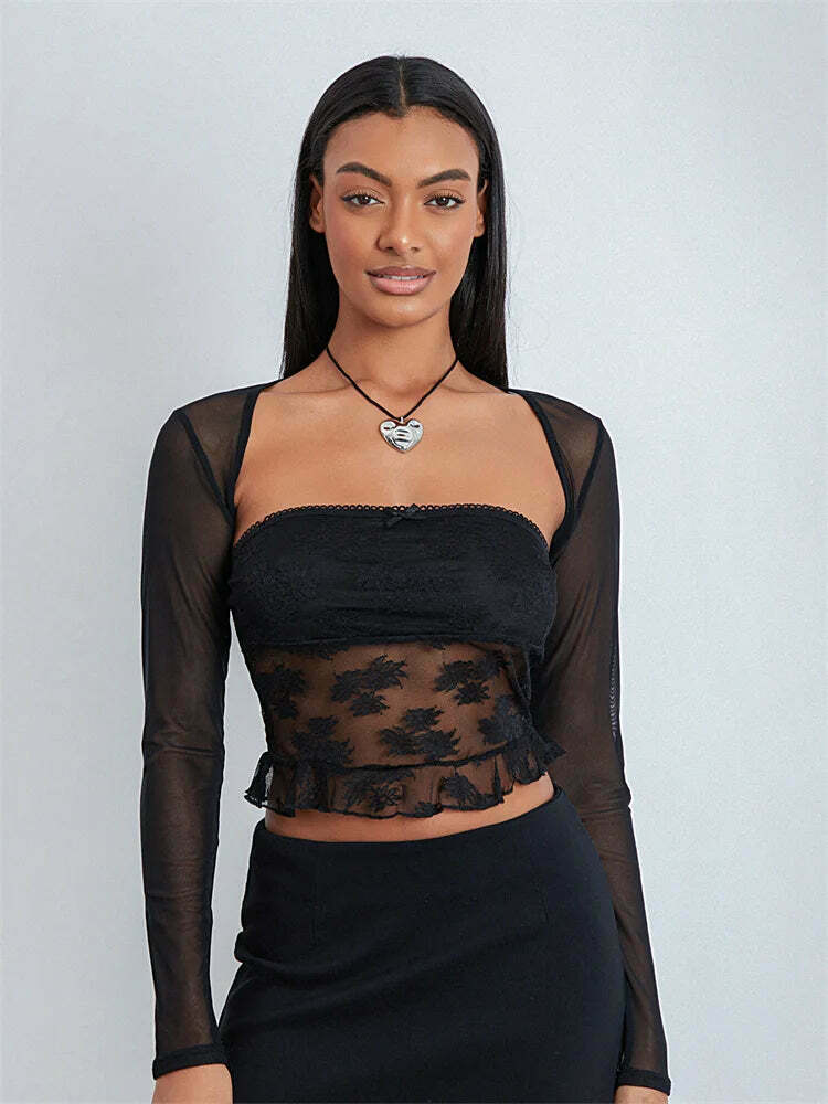 Meshed Petals Lace Top - Y2K Fashion Coquette Aesthetic Grunge Style Cute Tops Pastel Goth