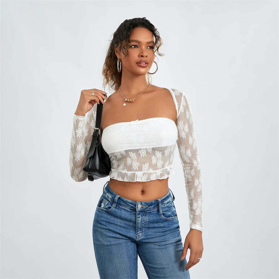 Meshed Petals Lace Top - Y2K Fashion Coquette Aesthetic Grunge Style Cute Tops Pastel Goth
