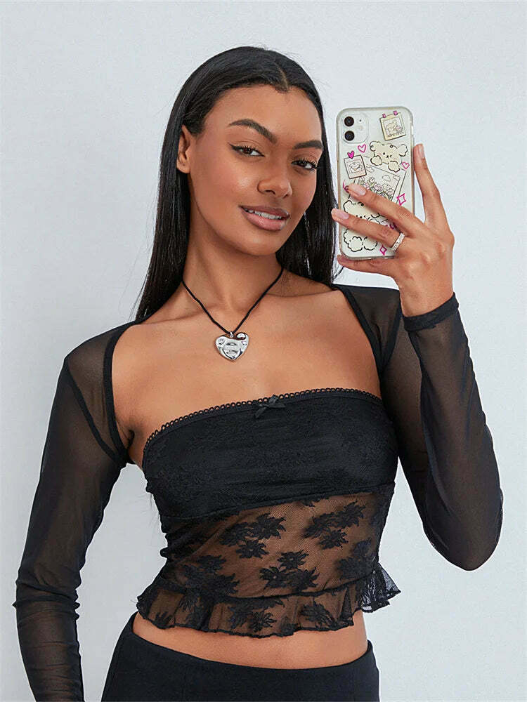 Meshed Petals Lace Top - Y2K Fashion Coquette Aesthetic Grunge Style Cute Tops Pastel Goth