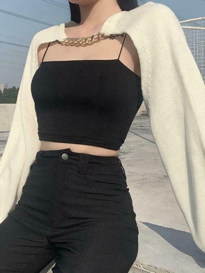 Metallic Chain Embellished Shrug Crop Sweater - Y2K Fashion Coquette Aesthetic Grunge Style