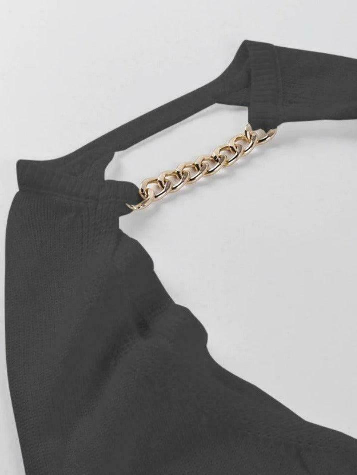 Metallic Chain Embellished Shrug Crop Sweater - Y2K Fashion Coquette Aesthetic Grunge Style