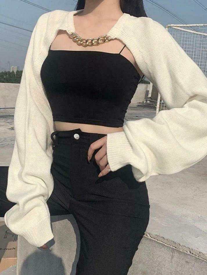 Metallic Chain Embellished Shrug Crop Sweater - Y2K Fashion Coquette Aesthetic Grunge Style
