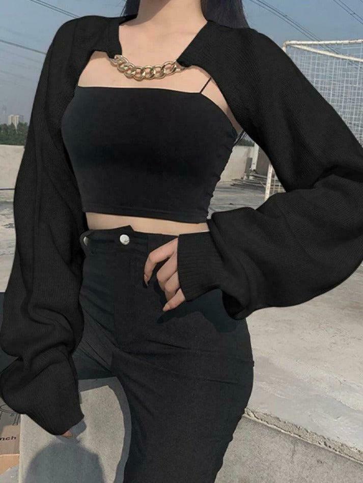 Metallic Chain Embellished Shrug Crop Sweater - Y2K Fashion Coquette Aesthetic Grunge Style