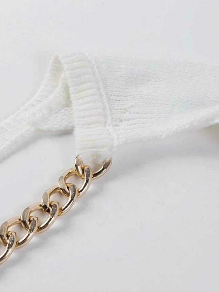 Metallic Chain Embellished Shrug Crop Sweater - Y2K Fashion Coquette Aesthetic Grunge Style