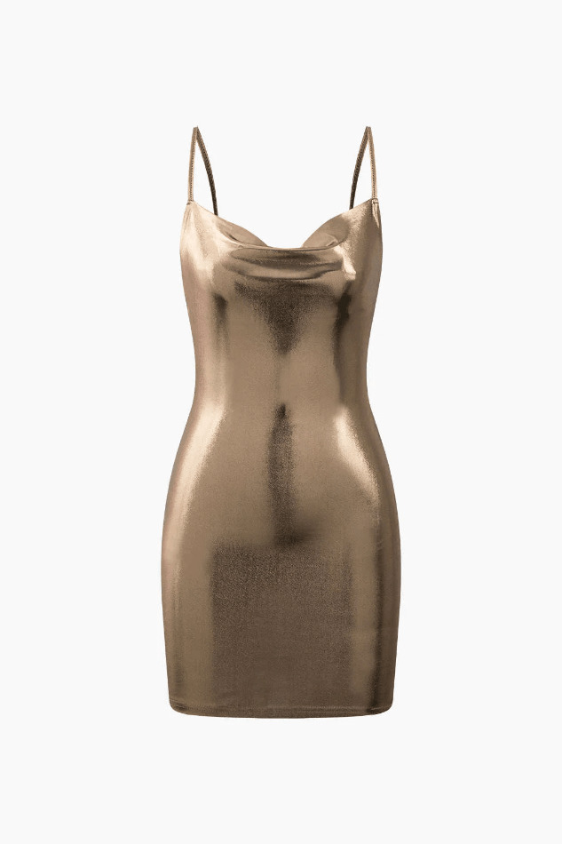 Metallic Cowl Neck Bodycon Mini Dress - Y2K Fashion Statement with Coquette Aesthetic & Grunge Style