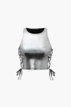 Metallic Lace Up Side Crop Tank Top - Y2K Fashion Coquette Aesthetic Grunge Style