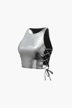 Metallic Lace Up Side Crop Tank Top - Y2K Fashion Coquette Aesthetic Grunge Style