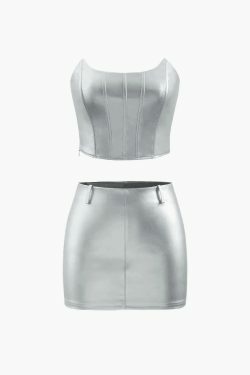 Metallic Strapless Corset Top & A-Line Mini Skirt Set - Y2K Coquette