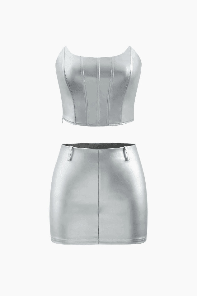 Metallic Strapless Corset Top & A-Line Mini Skirt Set - Y2K Coquette