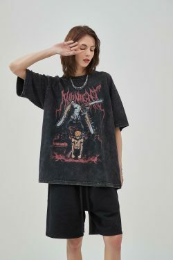 Midnight Anime Graphic Acid Wash Tee - Y2K Fashion Aesthetic Top for Women