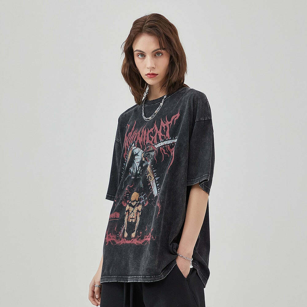 Midnight Anime Graphic Acid Wash Tee - Y2K Fashion Aesthetic Top for Women