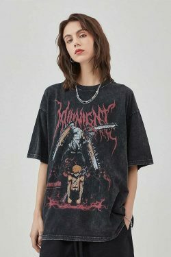 Midnight Anime Graphic Acid Wash Tee - Y2K Fashion Aesthetic Top for Women