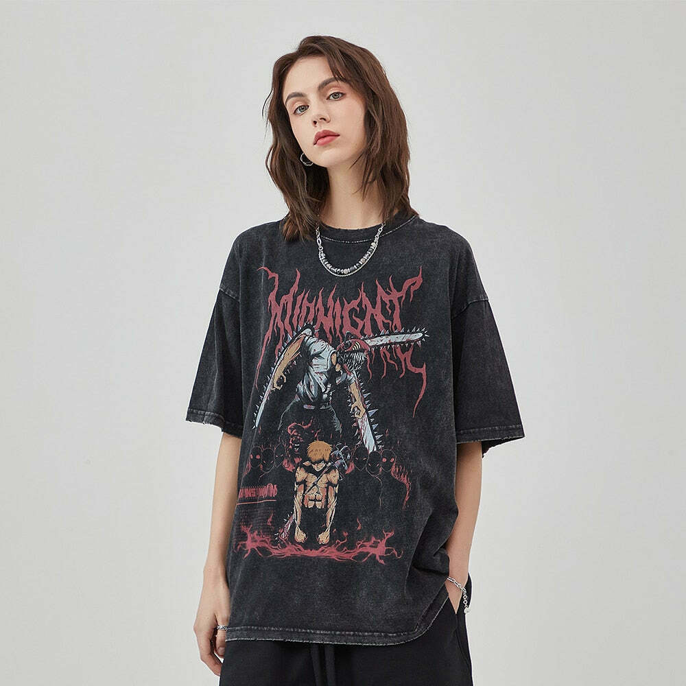 Midnight Anime Graphic Acid Wash Tee - Y2K Fashion Aesthetic Top for Women